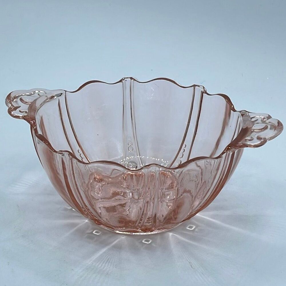 Anchor Hocking Oyster and Pearl pink depression glass handled bowl.